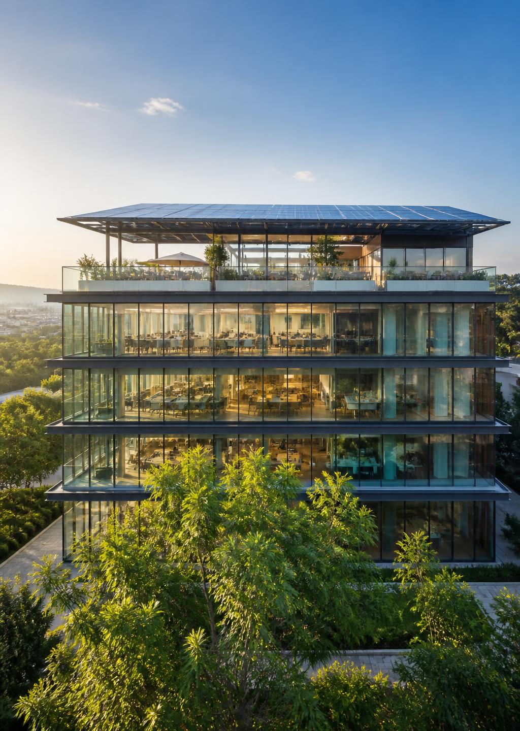 Glass fronted commercial office building with rooftop solar array and rooftop terrace